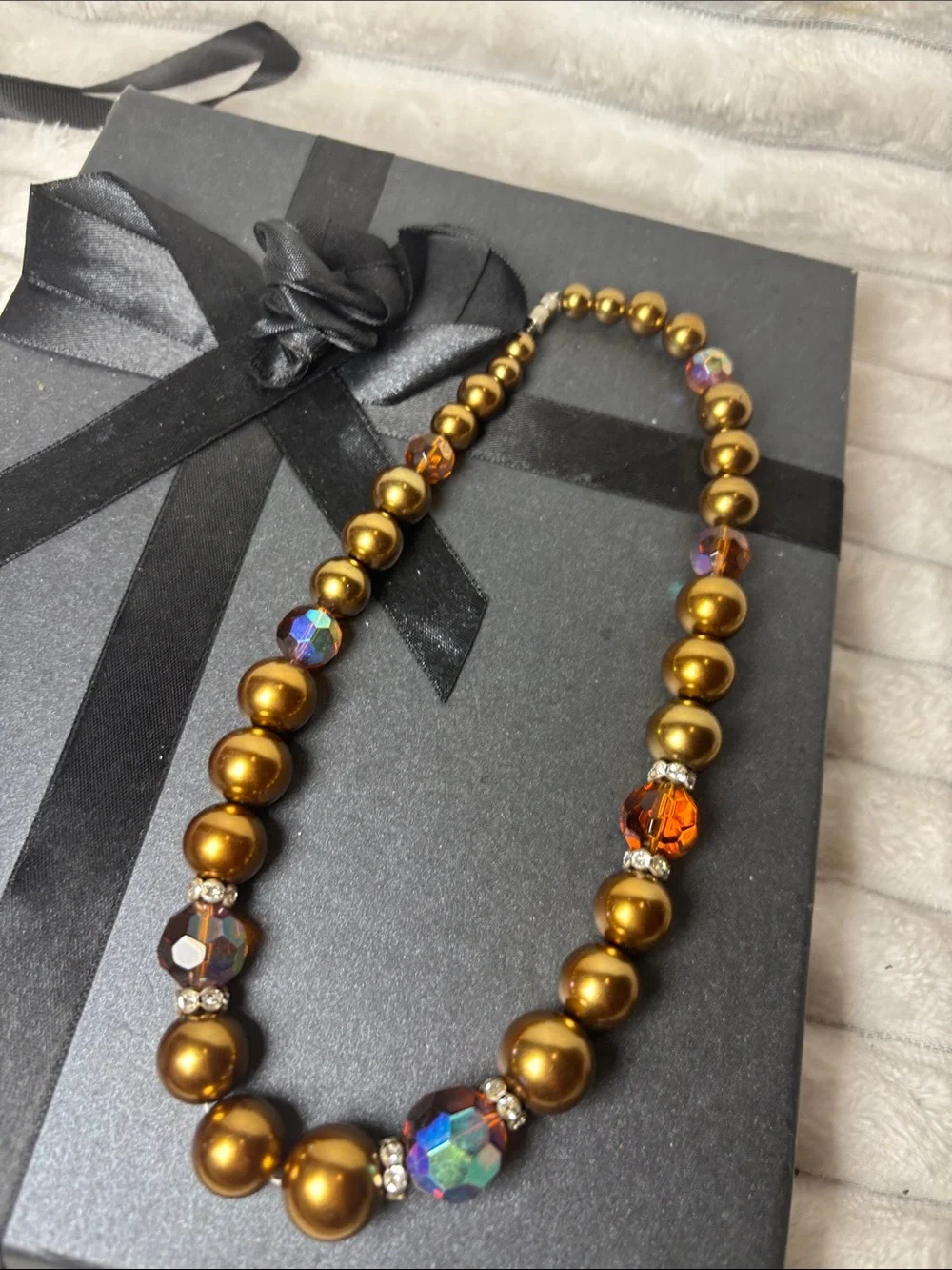 Vintage Bead Faux Pearl Necklace Iridescent Brown Gold Bronze Color 16”